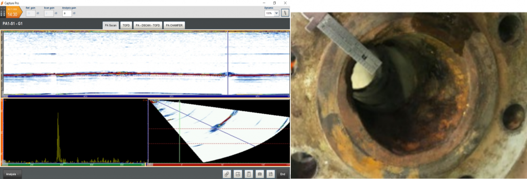 Analysis of flange face corner and the change in response on the encoded scan left and typical corner corrosion being physically measured right.png